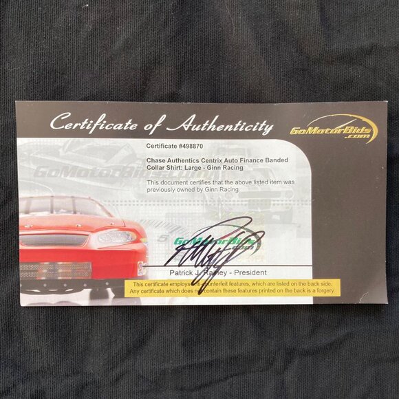 Vintage Ginn Racing RACE TEAM OWNED Shirt w/COA Size L Centrix Auto Finance - Picture 6 of 9